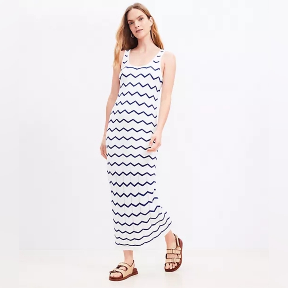LOFT - Chevron Open Stitch Sweater Tank Lined Maxi Scoop Pointelle Knit Dress XL